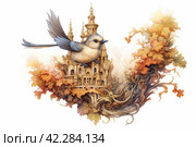 Fairytale bird on the background of the castle, book illustration style of children's fairy tales watercolor,Generative AI. Стоковое AI-изображение, AI-художник Анна Кривицкая / Фотобанк Лори