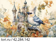 Fairytale bird on the background of the castle, book illustration style of children's fairy tales watercolor,Generative AI. Стоковое AI-изображение, AI-художник Анна Кривицкая / Фотобанк Лори