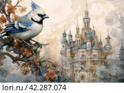Fairytale bird on the background of the castle, book illustration style of children's fairy tales watercolor,Generative AI. Стоковое AI-изображение, AI-художник Анна Кривицкая / Фотобанк Лори