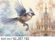 Fairytale bird on the background of the castle, book illustration style of children's fairy tales watercolor,Generative AI. Стоковое AI-изображение, AI-художник Анна Кривицкая / Фотобанк Лори