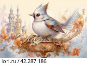 Fairytale bird on the background of the castle, book illustration style of children's fairy tales watercolor,Generative AI. Стоковое AI-изображение, AI-художник Анна Кривицкая / Фотобанк Лори