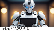 Робот с планшетом. Технологии ближайшего времени. A robot with a tablet. Technologies of the near future. Стоковое AI-изображение, AI-художник Гер Олег / Фотобанк Лори
