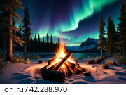Aurora borealis display over campfire in woodland. Captivating northern lights dance above warm campfire in forest clearing. Amazing nature concept. Copy ad text space. Generate Ai. Стоковое AI-изображение, AI-художник Aleksandr Golubev / Фотобанк Лори