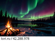 Aurora borealis display over campfire in woodland. Captivating northern lights dance above warm campfire in forest clearing. Amazing nature concept. Copy ad text space. Generate Ai. Стоковое AI-изображение, AI-художник Aleksandr Golubev / Фотобанк Лори