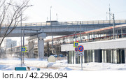 Moscow February 10 2024. Platform Okruzhnaya Moscow D1.Okruzhnaya platform, entrance MCD-1 station, runs from Lobnya through Dolgoprudny and Moscow to Odintsovo. The high-speed rail. Редакционное фото, фотограф Скрипачев Антон / Фотобанк Лори