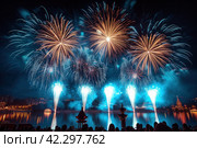 Symbols of the holiday: fantastic fireworks in the night sky, creating unforgettable visual moments. Стоковое AI-изображение, AI-художник Юрий Поздников / Фотобанк Лори