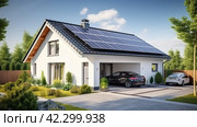 A house with solar panels on the roof, representing a transition to renewable energy sources in residential areas. Стоковое AI-изображение, AI-художник Ярославский Максим / Фотобанк Лори
