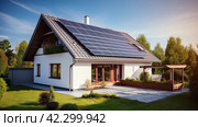 The beautiful exterior of a newly built luxury home. A courtyard with green grass and a path lead to an ornate covered porch and front entrance. There are solar panels on the roof. Стоковое AI-изображение, AI-художник Ярославский Максим / Фотобанк Лори