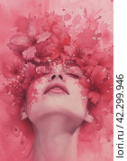 A young girl is having a strong orgasm. A beautiful woman with her mouth open and her eyes closed enjoys feelings while flying among rose petals. Стоковое AI-изображение, AI-художник Ярославский Максим / Фотобанк Лори