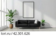 Empty vertical Layout of a white rectangle in a modern living room, Minimalism, Design. Стоковое AI-изображение, AI-художник Ирина Ручушкина / Фотобанк Лори