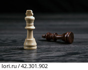 The white king defeats the black king in chess on a wooden table. Стоковое фото, фотограф Александр Калугин / Фотобанк Лори