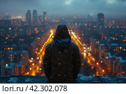 Night Watchman Among the Skies: A Mysterious Hooded Watcher on the City Roof. Стоковое AI-изображение, AI-художник Юрий Поздников / Фотобанк Лори