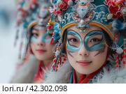 Mystical Masks and Costumes: Participants of the Holiday in Ancient Rites, Overgrown with Secrets and Culture. Стоковое AI-изображение, AI-художник Юрий Поздников / Фотобанк Лори