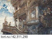 Girl on a fabulous spiral staircase in an old mansion, watercolor style, Generative AI. Стоковое AI-изображение, AI-художник Анна Кривицкая / Фотобанк Лори