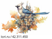 Fairytale bird on the background of the castle, book illustration style of children's fairy tales watercolor,Generative AI. Стоковое AI-изображение, AI-художник Анна Кривицкая / Фотобанк Лори