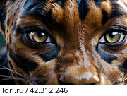 Up close and personal with black panther puma, natural habitat. Showcasing fierce and serious gaze as wild predator in exotic natural world. Animal themes wildlife concept. Copy ad text space. Gen Ai. Стоковое AI-изображение, AI-художник Aleksandr Golubev / Фотобанк Лори