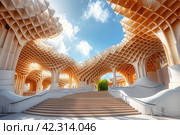 Contemporary modern symmetrical structure of metropole parasol roof in square with historical buildings under sunny sky on summer day. Стоковое AI-изображение, AI-художник Ирина Михайличенко / Фотобанк Лори