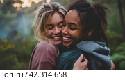 Two women in sweaters hug each other, care,Generative AI. Стоковое AI-изображение, AI-художник Анна Кривицкая / Фотобанк Лори