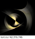 On a black background, a golden fan with a metallic sheen revolves.  Graphic design element. Logo, sign, icon, symbol. 3d rendering. 3d illustration. Стоковая иллюстрация, иллюстратор Бузмакова Светлана / Фотобанк Лори