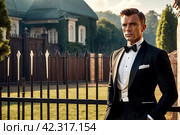 Serious handsome stylish guy in tuxedo and bow tie posing at retro fence, confident looking away. Portrait of man businessman in tux outside, fashionable lux image James Bond style. Copy ad text space. Стоковое AI-изображение, AI-художник Aleksandr Golubev / Фотобанк Лори