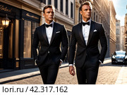 Confident handsome stylish guy in tuxedo and bow tie posing at urban street, serious look. Portrait of fashionable young man businessman in tux outside, lux image James Bond style. Copy ad text space. Стоковое AI-изображение, AI-художник Aleksandr Golubev / Фотобанк Лори