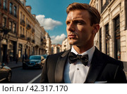 Confident handsome stylish guy in tuxedo and bow tie posing at urban street, serious look. Portrait of fashionable young man businessman in tux outside, lux image James Bond style. Copy ad text space. Стоковое AI-изображение, AI-художник Aleksandr Golubev / Фотобанк Лори