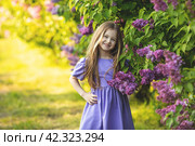 Cute happy little girl in a lilac dress is laughing in a spring park near the lilac flowers. A little girl in a lilac bush, a girl near a flowering bush, lilacs in spring, bushes bloom. Стоковое фото, фотограф Ирина Михайличенко / Фотобанк Лори