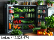 Fully stocked fridge with fresh fruit, vegetables and assorted beverages viewed through the open door in a healthy lifestyle concept. Стоковое AI-изображение, AI-художник Ирина Михайличенко / Фотобанк Лори