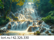 Aerial view Tat Kuang Si Waterfall in Luang Prabang, Laos, Beautiful waterfall in jungle tropical rainforest and wooden bridge at Tat Kuang Si, Luang Prabang, Laos. Стоковое AI-изображение, AI-художник Ирина Михайличенко / Фотобанк Лори