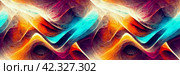 Beautiful abstract panoramic background. Colorful modern multicolored ornament. Shades of red, blue, turquoise, orange and yellow. Wide seamless background pattern great for design. Generative AI. Стоковое AI-изображение, AI-художник Андрей Степанов / Фотобанк Лори