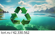 Green recycle and reuse arrow symbol or eco sign over sea surface background, sustainability and protect environment concept. Стоковое AI-видео, аниматор Igor Tichonow / Фотобанк Лори