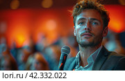Man Standing in Front of a Microphone. Стоковое AI-изображение, AI-художник Юлия Гапеенко / Фотобанк Лори