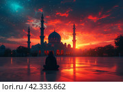 Silhouette of people celebrating, postcard islamic holiday banner suitable for Ramadan, Raya Hari, Eid al-Adha and Mawlid against the background of the crescent moon of the holy nose and mosque. Стоковое AI-изображение, AI-художник Мария Фадеева / Фотобанк Лори