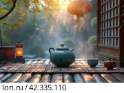 Chinese Ceremony. Brown ceramic pot and brown cup .Green tea on bamboo mat, aged wooden table. Japanese Tea - Hot Teapot And Teacups On Bamboo Mat. Стоковое AI-изображение, AI-художник Ирина Михайличенко / Фотобанк Лори