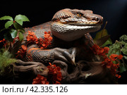 Lizard on a branch and a dark background from behind, close-up,Generative AI. Стоковое AI-изображение, AI-художник Анна Кривицкая / Фотобанк Лори