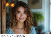 Welcome. Portrait of cheerful woman standing in doorway of modern apartment, greeting visitor and inviting guest to enter her home, happy smiling young lady holding door looking out flat. Стоковое AI-изображение, AI-художник Ирина Михайличенко / Фотобанк Лори