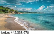 Azure beach landscape, sea beauty, Images for Booklets, advertising of Travel agencies. Стоковое AI-изображение, AI-художник Ирина Ручушкина / Фотобанк Лори