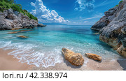 Azure beach landscape, sea beauty, Images for Booklets, advertising of Travel agencies. Стоковое AI-изображение, AI-художник Ирина Ручушкина / Фотобанк Лори