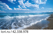 Azure beach landscape, sea beauty, Images for Booklets, advertising of Travel agencies. Стоковое AI-изображение, AI-художник Ирина Ручушкина / Фотобанк Лори