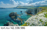 Azure beach landscape, sea beauty, Images for Booklets, advertising of Travel agencies. Стоковое AI-изображение, AI-художник Ирина Ручушкина / Фотобанк Лори