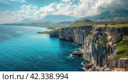 Azure beach landscape, sea beauty, Images for Booklets, advertising of Travel agencies. Стоковое AI-изображение, AI-художник Ирина Ручушкина / Фотобанк Лори