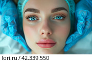 Advertising of face contour correction, skin lifting. Facial rejuvenation concept, cosmetology, aesthetic medicine. Стоковое AI-изображение, AI-художник Alexander Tihonovs / Фотобанк Лори