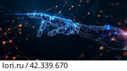 Robot arm on cyberspace background. Concept AI technology, future, modern technologies, development. Стоковое AI-изображение, AI-художник Alexander Tihonovs / Фотобанк Лори