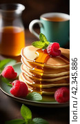 Pancakes with raspberry and sour cream,mint leaf.Масленица.Оладьи,блинчики с малиной,сметаной,творог. Стоковое AI-изображение, AI-художник Галина Беляева / Фотобанк Лори