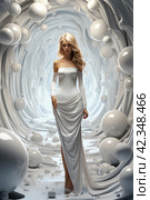 Beautiful blonde woman in white long dress posing in white futuristic tunnel,Generative AI. Стоковое AI-изображение, AI-художник Анна Кривицкая / Фотобанк Лори