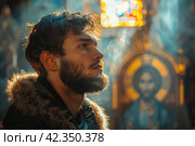 Believer in front of icon with devotion and worship in morning silence. Стоковое AI-изображение, AI-художник Юрий Поздников / Фотобанк Лори