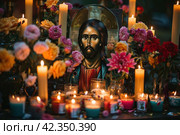 Icon of Christ among candles and flower petals: an image of sublimity and faith. Стоковое AI-изображение, AI-художник Юрий Поздников / Фотобанк Лори