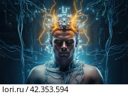 Advanced Man with brain electrodes futuristic helmet. Generate ai. Стоковое AI-изображение, AI-художник Иван Рябоконь / Фотобанк Лори