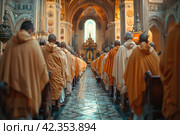 Monks and Nuns in the Privacy of the Church: Worship and the Spiritual Power of Morning Prayers. Стоковое AI-изображение, AI-художник Юрий Поздников / Фотобанк Лори