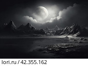 Tranquil Monochrome big moon above the mountains. Generate ai. Стоковое AI-изображение, AI-художник Иван Рябоконь / Фотобанк Лори
